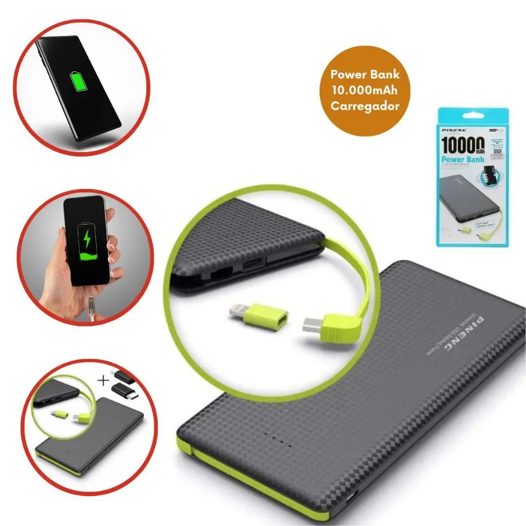 Carregador Portátil/Power Bank 10.000 mAh Pineng - IPhone Smartphone Tablet