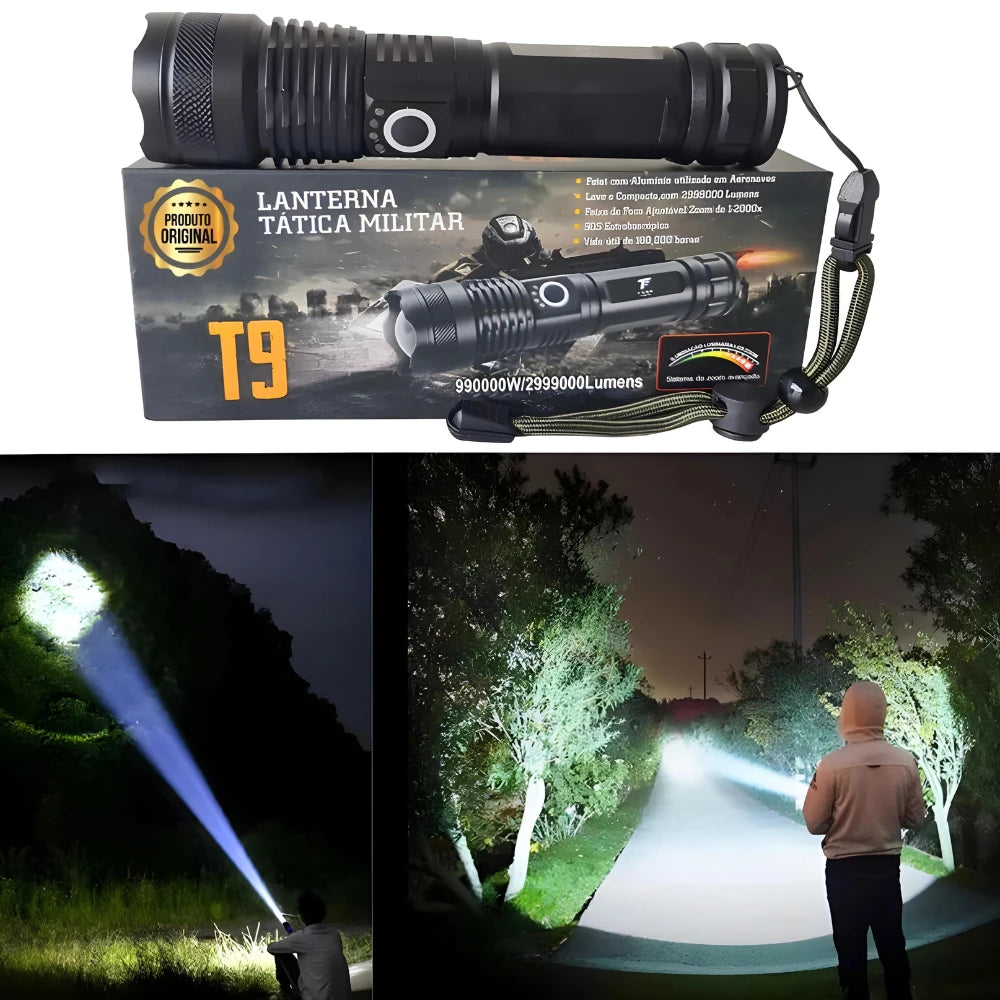 Lanterna Tática Militar T9 Recarregável em Metal | Super Potente
