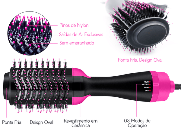 Escova Secadora de Cabelo Profissional 3 em 1 - Seca Escovando, Alisa e Modela - Frete Grátis