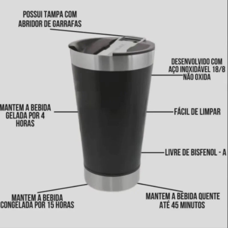 Copo Térmico VJ Ice 502ML com Tampa e Abridor de Garrafas