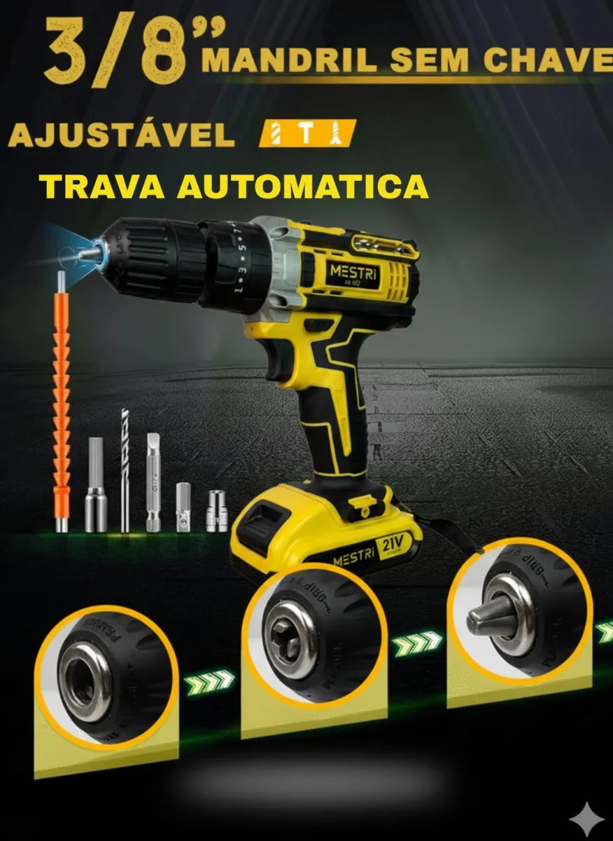 Parafusadeira e Furadeira de Impacto Sem Fio 21V MESTRI M-150 – Kit Profissional com 2 Baterias 2.000mAh, Bivolt e Maleta Completa