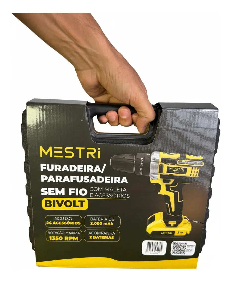 Parafusadeira e Furadeira de Impacto Sem Fio 21V MESTRI M-150 – Kit Profissional com 2 Baterias 2.000mAh, Bivolt e Maleta Completa