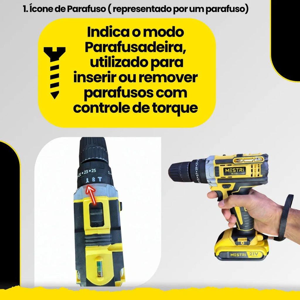 Parafusadeira e Furadeira de Impacto Sem Fio 21V MESTRI M-150 – Kit Profissional com 2 Baterias 2.000mAh, Bivolt e Maleta Completa