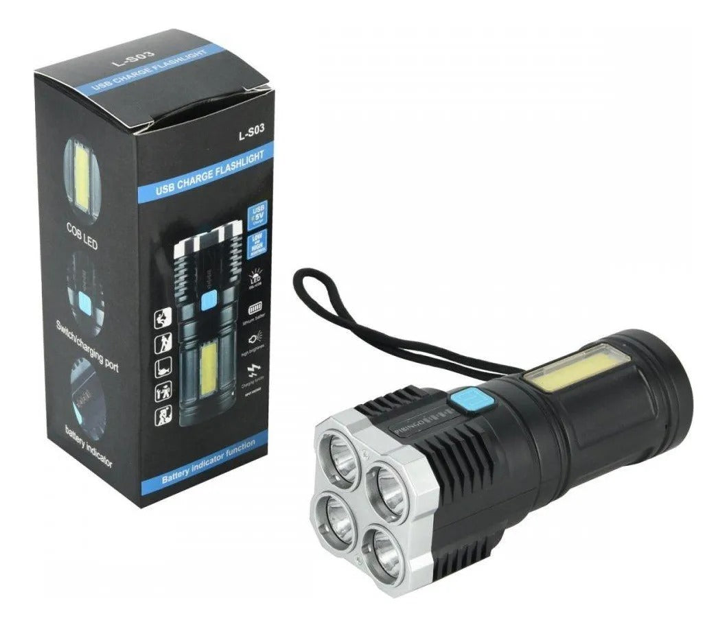 Lanterna LED Tática 4 Núcleos Alta Potência Recarregável USB Resistente à Água