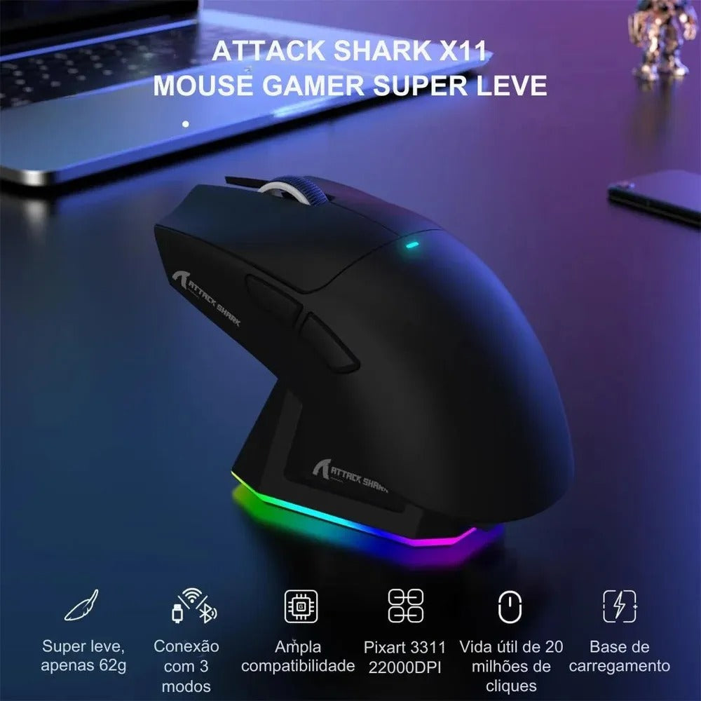 Mouse Gamer Attack Shark X11 22000dpi Sem Fio Usb Bluetooth