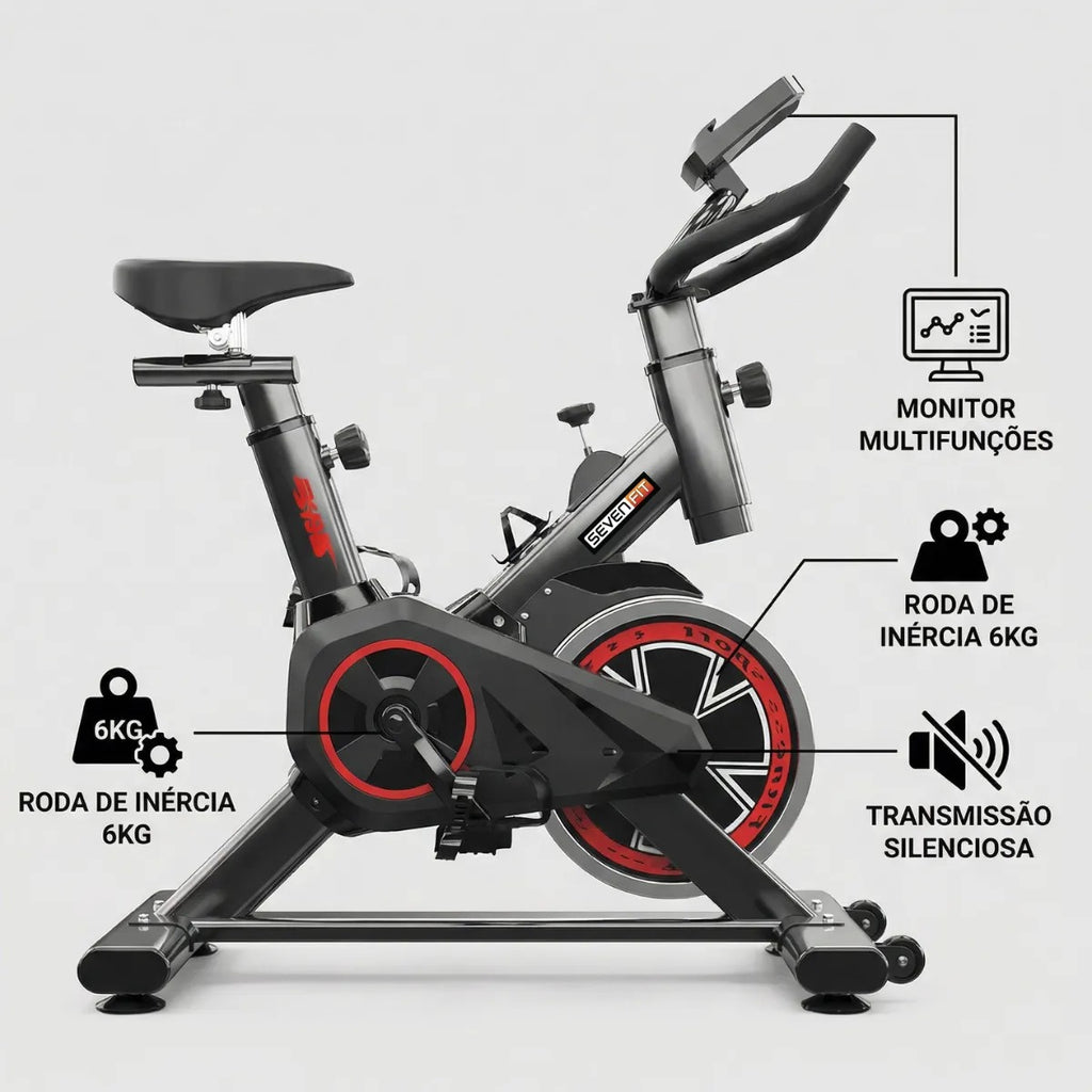 Bicicleta Ergométrica Fitness para Cardio e Musculação com Base | Cor Preto e Vermelho | 6kg Inercia | Marca Sevenfit