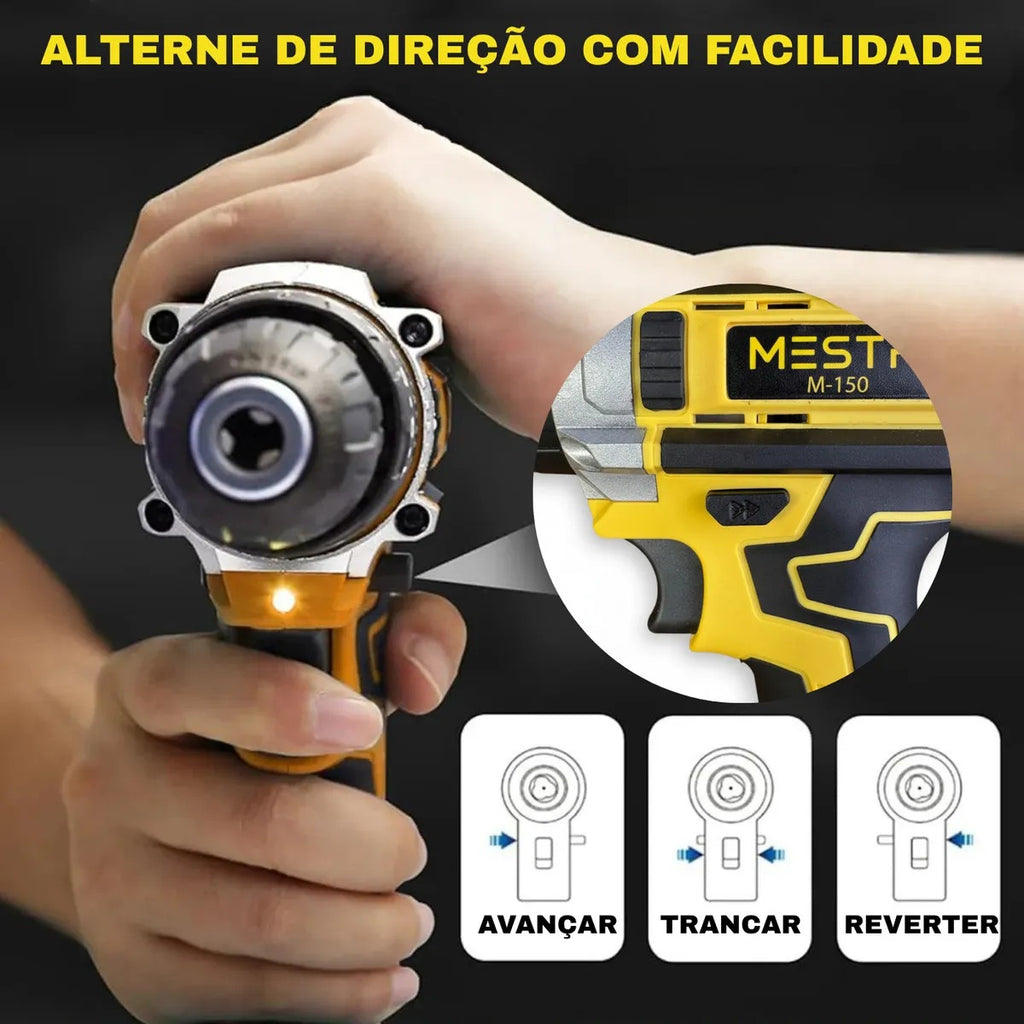 Parafusadeira e Furadeira de Impacto Sem Fio 21V MESTRI M-150 – Kit Profissional com 2 Baterias 2.000mAh, Bivolt e Maleta Completa