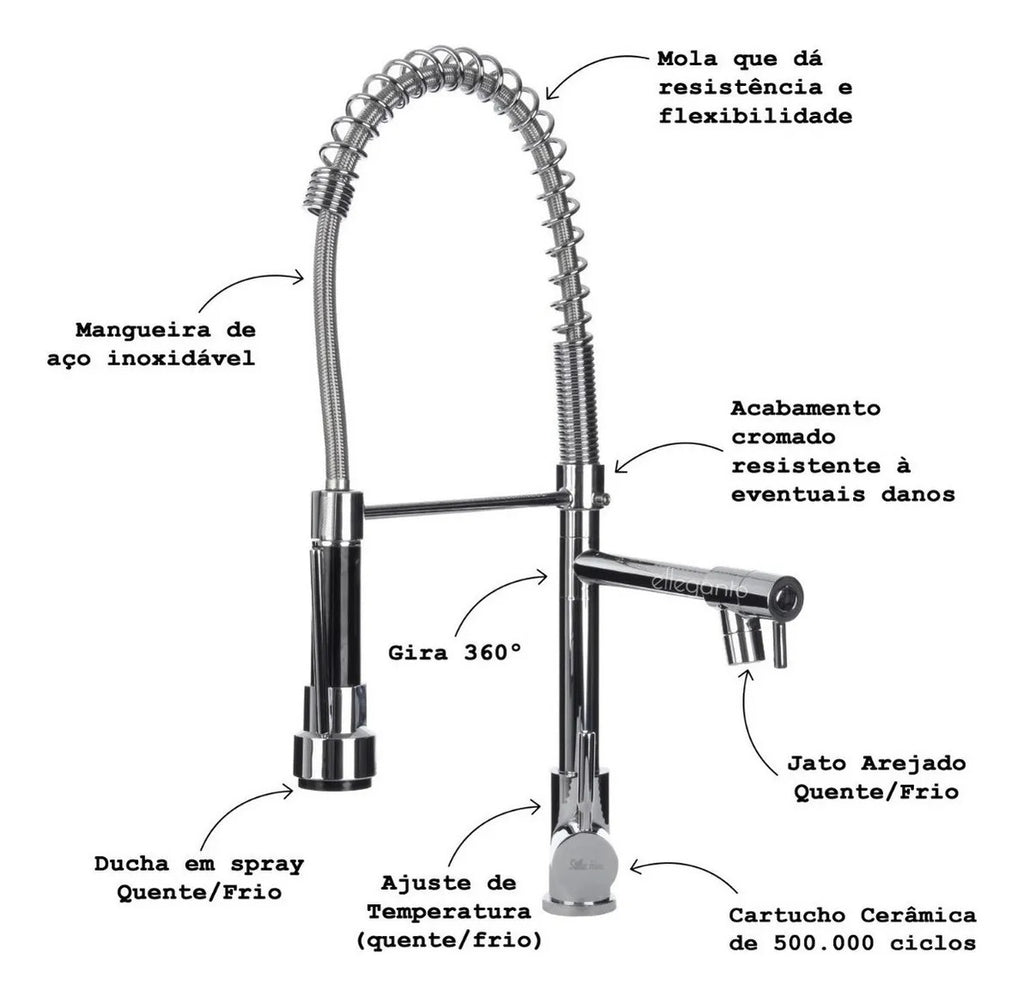 Torneira Gourmet de Cozinha Monocomando com Extensor 50 cm, Mangueira Flexível, Cromada