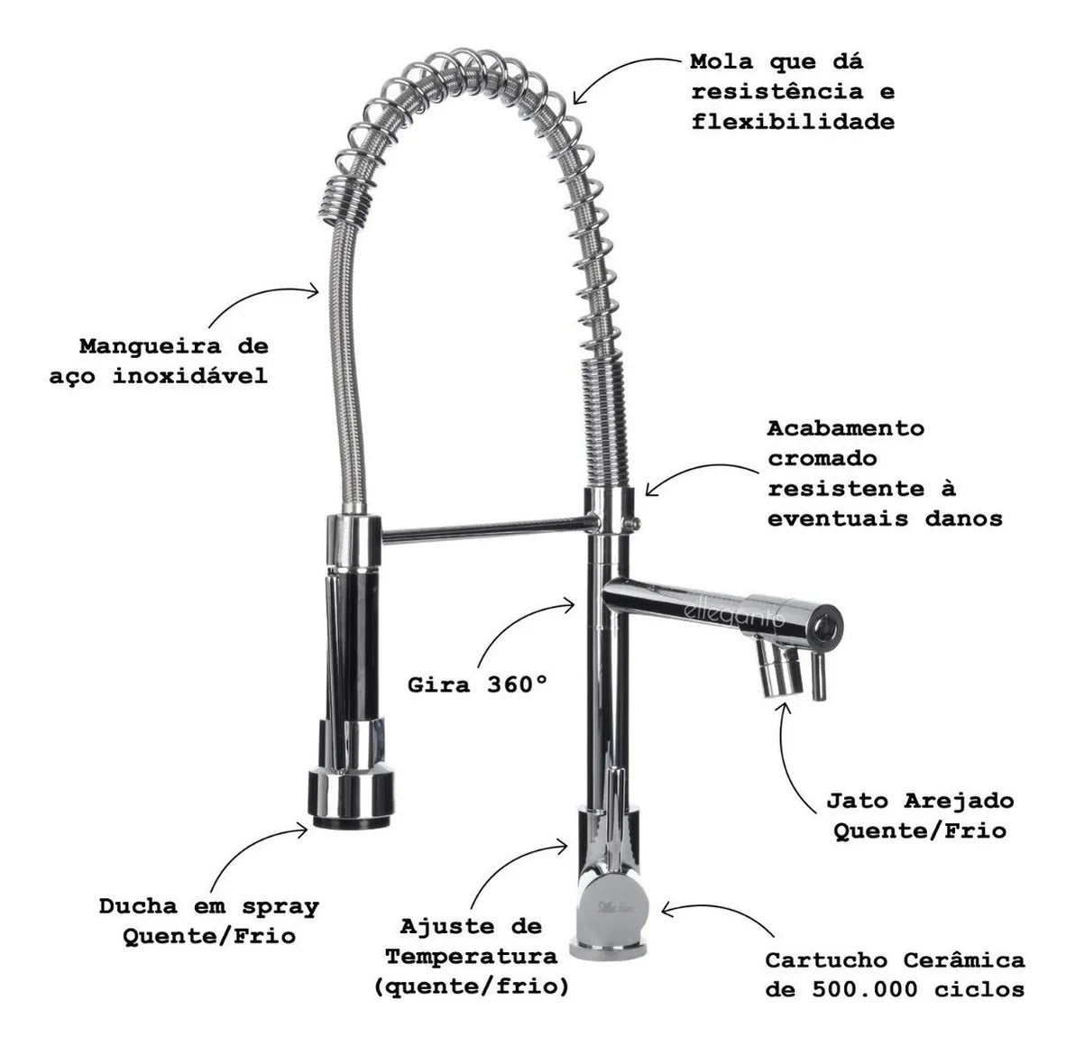 Torneira Gourmet de Cozinha Monocomando com Extensor 50 cm, Mangueira Flexível, Cromada