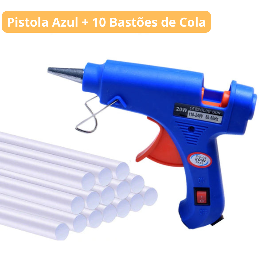 Pistola de Cola Quente | Bico Fino + Botão Liga/Desliga + 10 Bastões de Cola (Brinde)