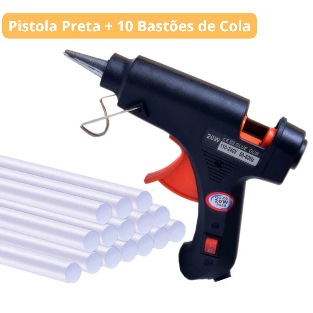 Pistola de Cola Quente | Bico Fino + Botão Liga/Desliga + 10 Bastões de Cola (Brinde)