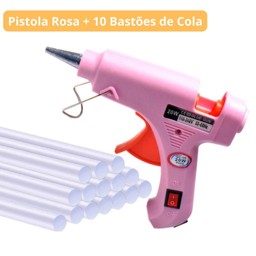 Pistola de Cola Quente | Bico Fino + Botão Liga/Desliga + 10 Bastões de Cola (Brinde)