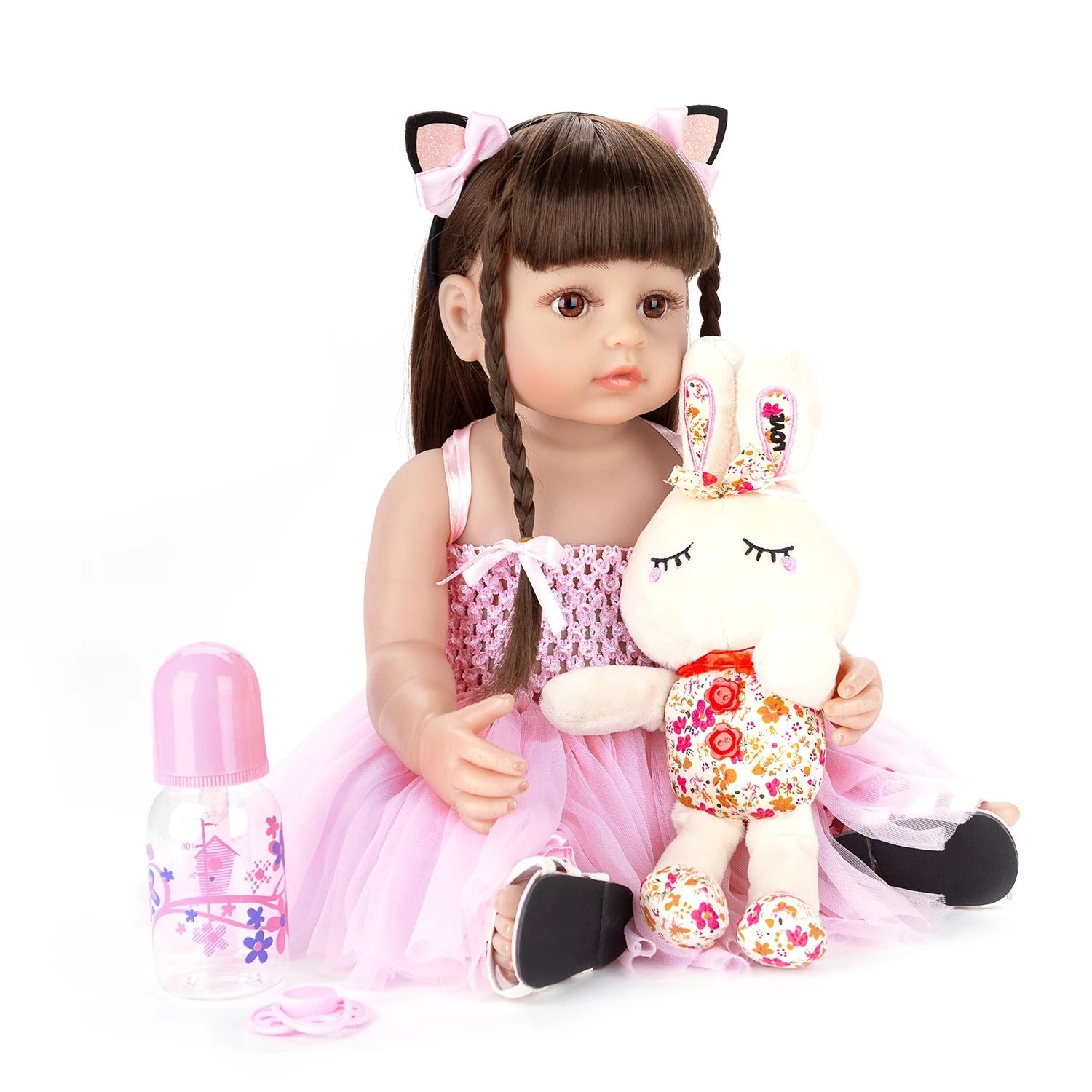Boneca Reborn Lavínia | 100% Silicone | 55cm + Coelho de Pelúcia + Acessórios