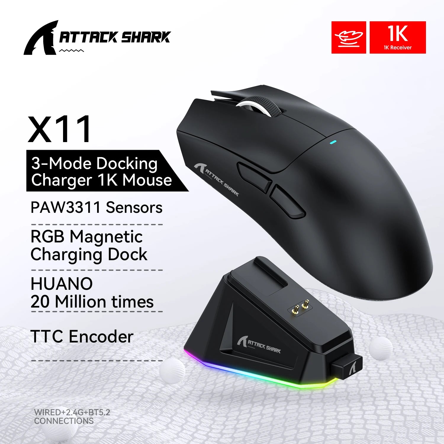 Mouse Gamer Attack Shark X11 22000dpi Sem Fio Usb Bluetooth