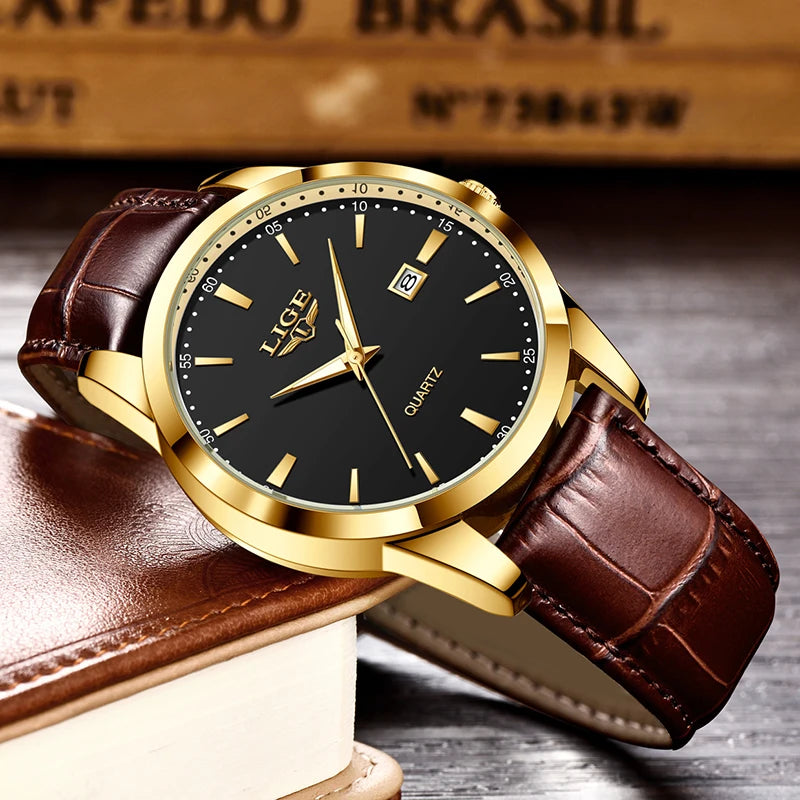 Relógio Masculino com Pulseira em Couro Militar LIGE - Vintage Luxe