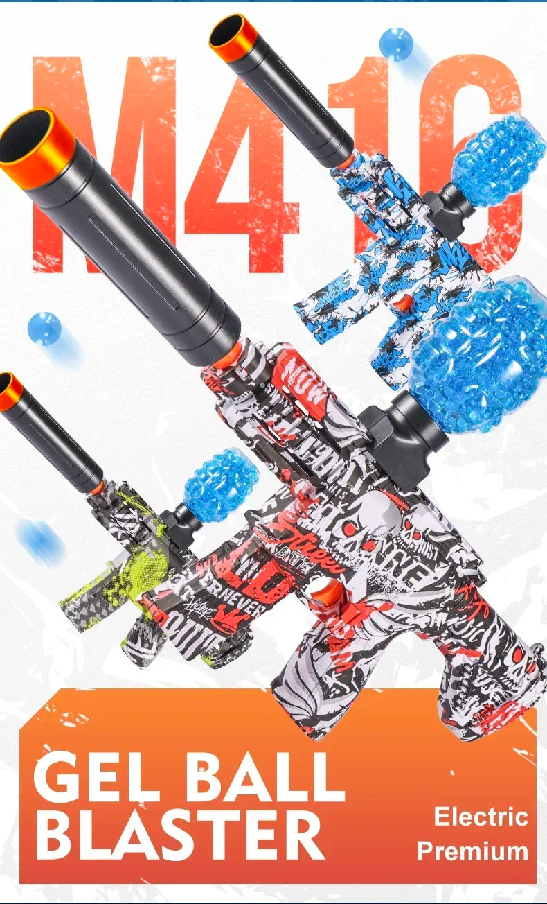 Arma de Bolinhas de Gel | Metralhadora Blaster M416 + Óculos de Proteção + Bateria Recarregável + 10.000 Bolinhas de Gel