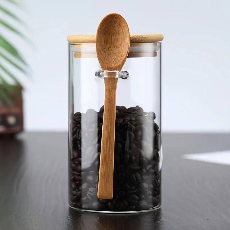 Açucareiro/Saleiro/Pote de vidro hermético 360ml com tampa e colher de bambu