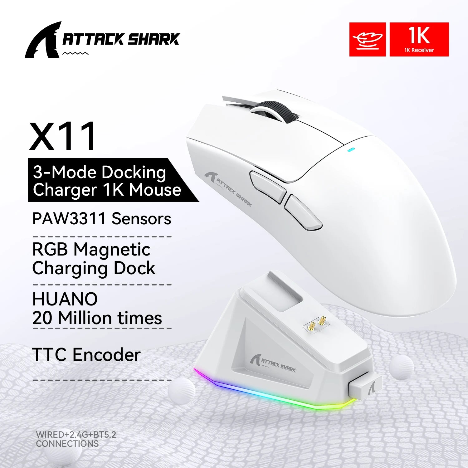Mouse Gamer Attack Shark X11 22000dpi Sem Fio Usb Bluetooth