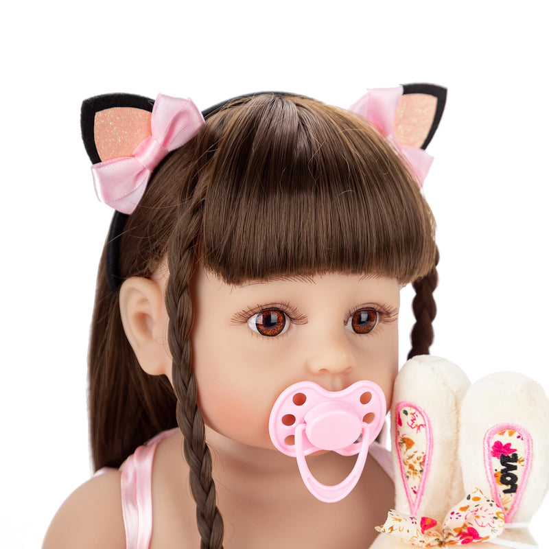 Bebê Reborn Brastoy | Boneca Menina 100% Silicone Original - 55cm + Coelho de Pelúcia + Acessórios