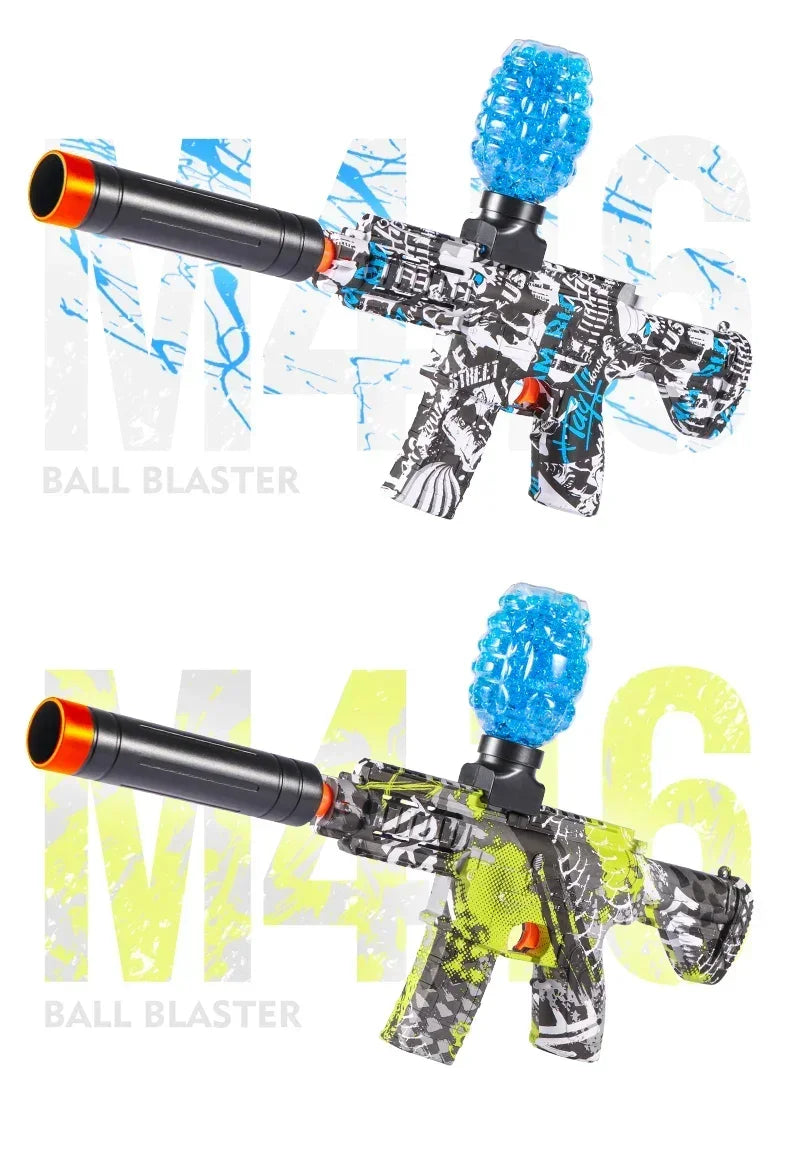 Arma de Bolinhas de Gel | Metralhadora Blaster M416 + Óculos de Proteção + Bateria Recarregável + 10.000 Bolinhas de Gel