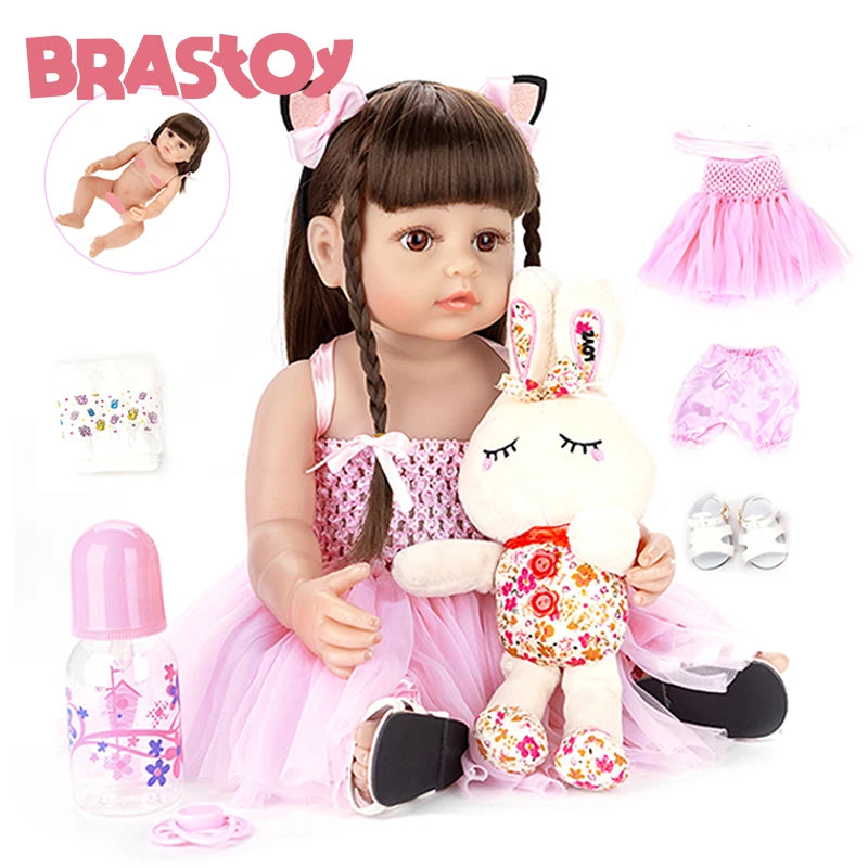 Bebê Reborn Brastoy | Boneca Menina 100% Silicone Original - 55cm + Coelho de Pelúcia + Acessórios