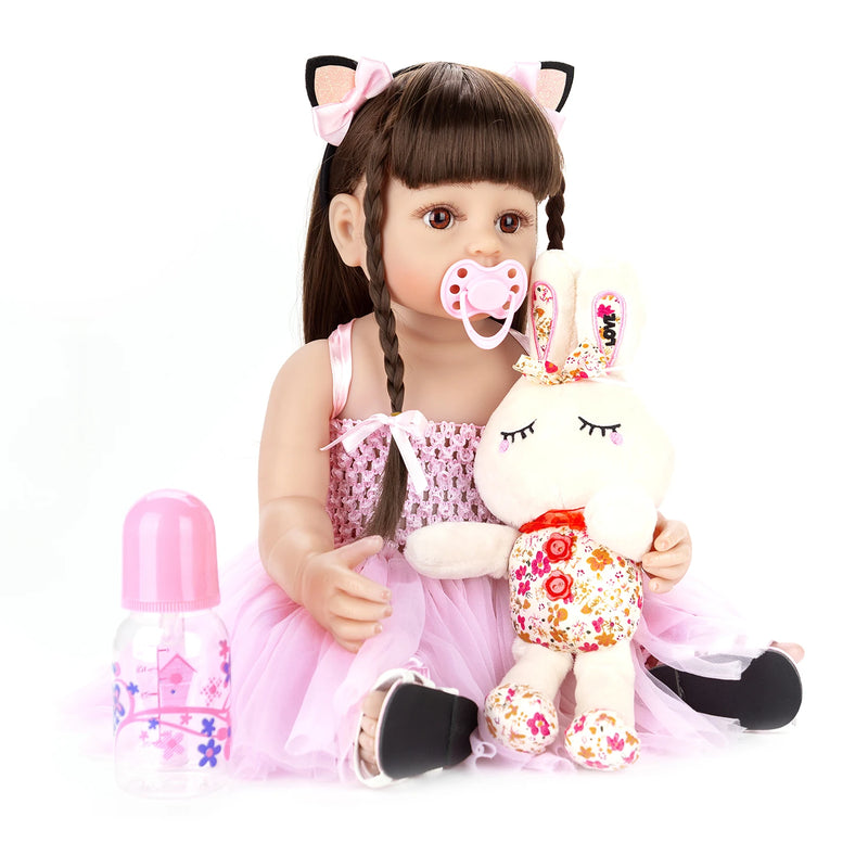 Bebê Reborn Brastoy | Boneca Menina 100% Silicone Original - 55cm + Coelho de Pelúcia + Acessórios