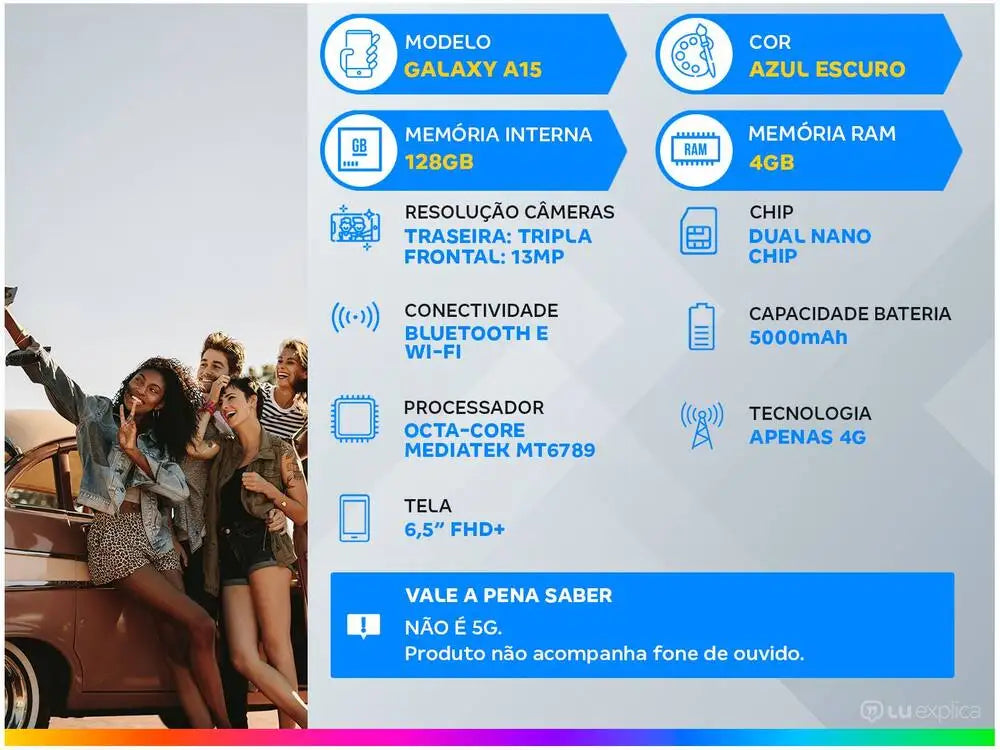 Smartphone Samsung Galaxy A15 6,5" 128GB Azul Escuro 4G 4GB RAM Câm. Tripla 50MP + Selfie 13MP 5000mAh Dual Chip