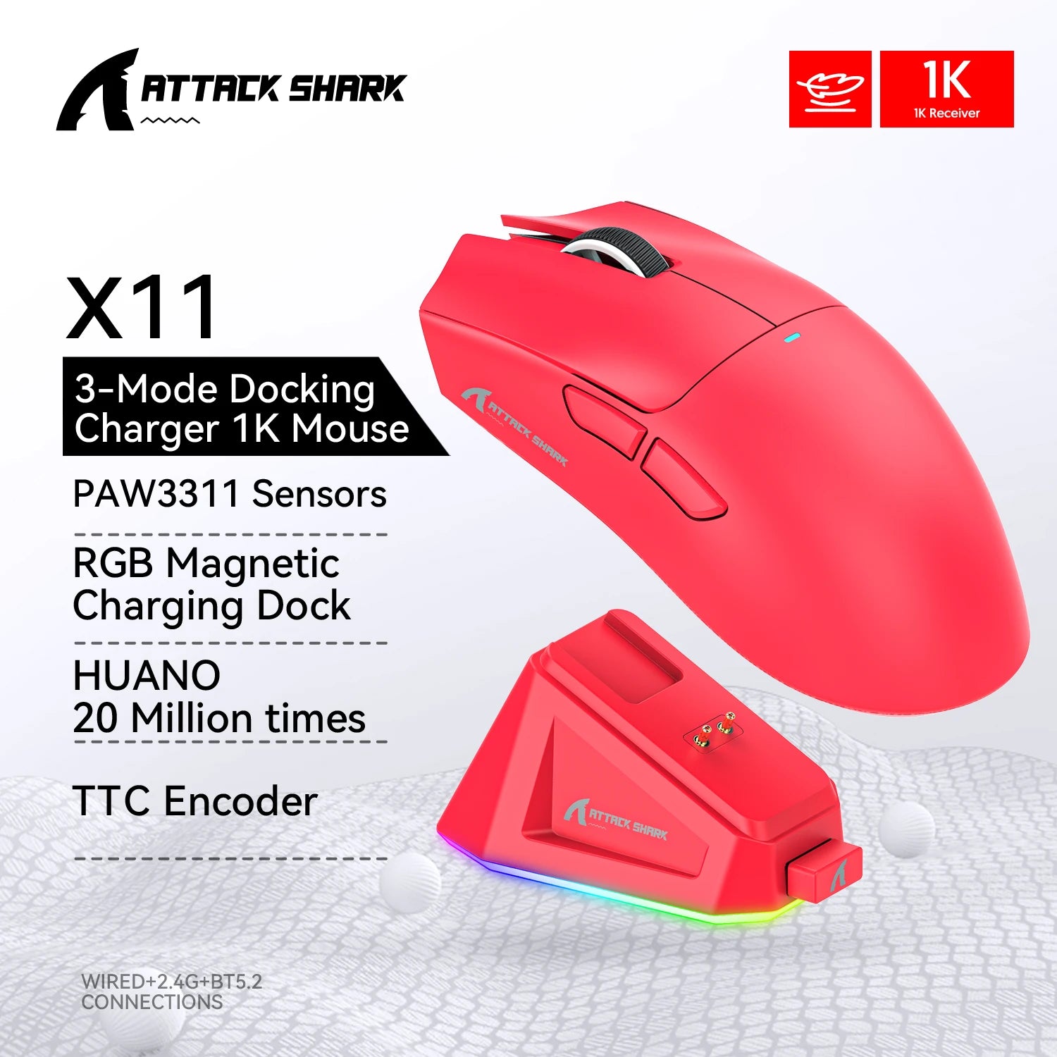 Mouse Gamer Attack Shark X11 22000dpi Sem Fio Usb Bluetooth