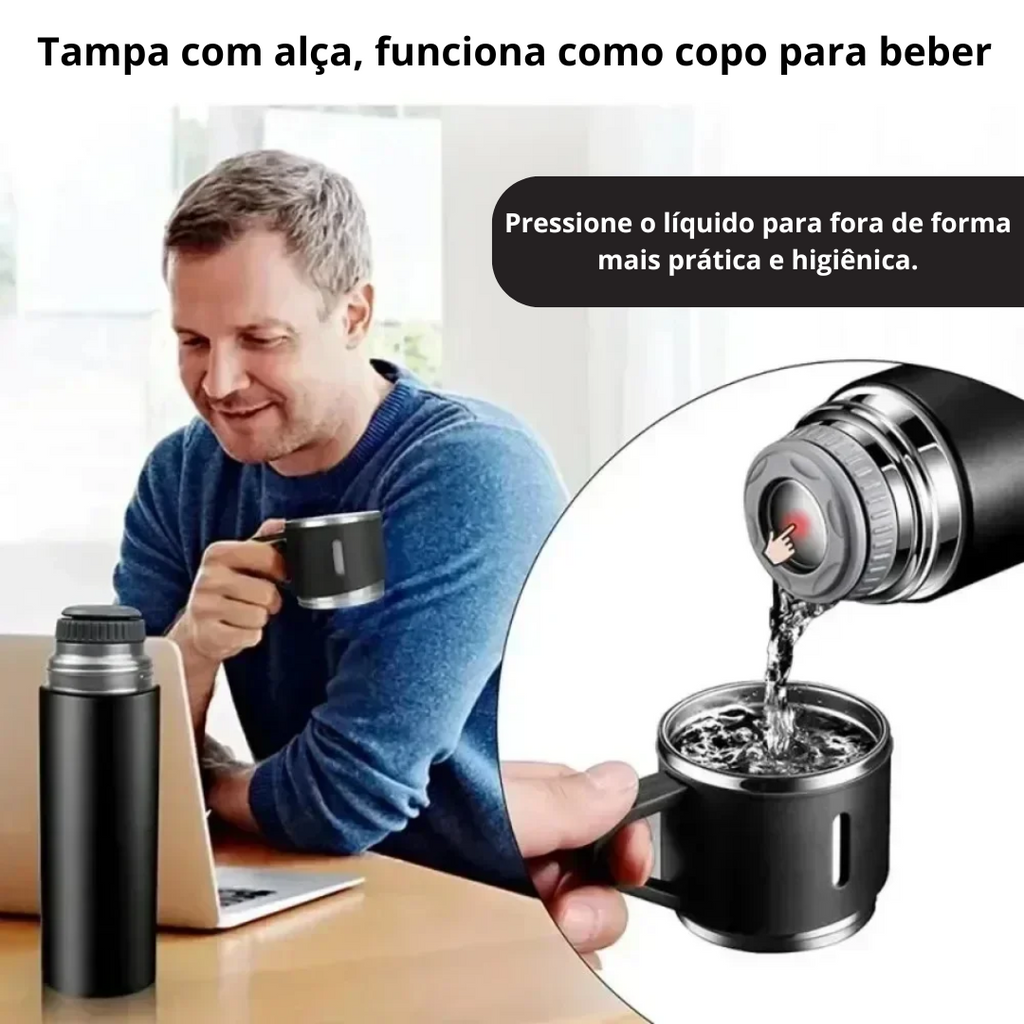 Kit Garrafa Térmica Inox 500ml OEMG + 3 Xícaras | Stainless Steel